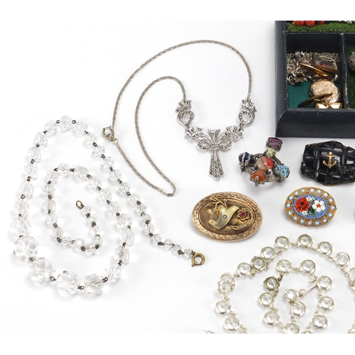 2740 - Antique and later jewellery including a 9ct gold ring and locket, silver, jet brooch, crystal neckla... 