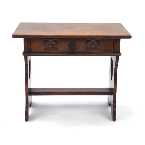 2046 - Ipswich oak side table fitted with a frieze drawer,  retailed by Kerridges, 46cm H x 56cm W x 33cm D