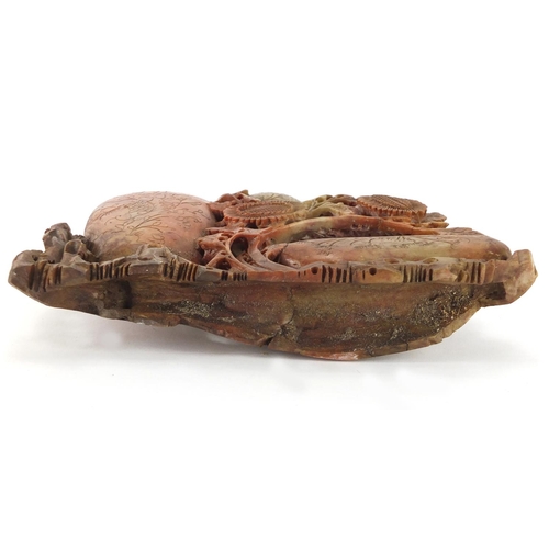 2334 - Chinese soapstone brush pot, finely carved with flowers, fish and script, 16.5cm high x 23.5cm wide