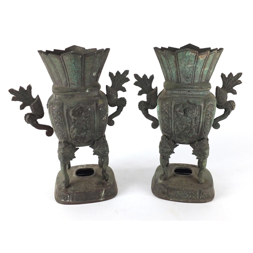 2338 - Pair of Chinese archaic style vases, with twin handles, each with panels of birds and flowers, each ... 