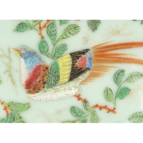 2382 - Chinese porcelain celadon ground dish, hand painted in the famille rose palette with a birds and but... 