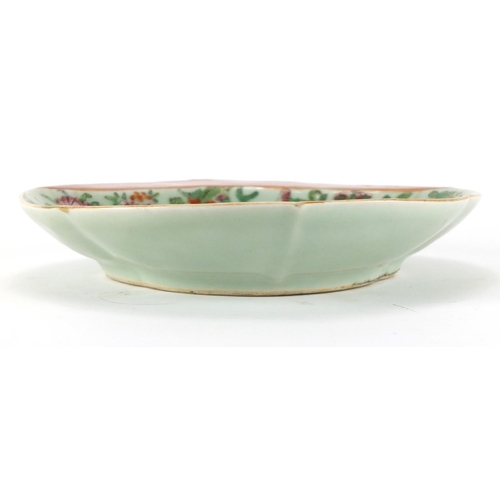 2382 - Chinese porcelain celadon ground dish, hand painted in the famille rose palette with a birds and but... 