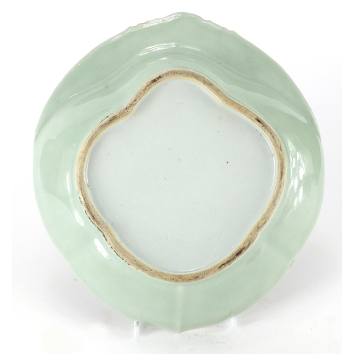 2382 - Chinese porcelain celadon ground dish, hand painted in the famille rose palette with a birds and but... 