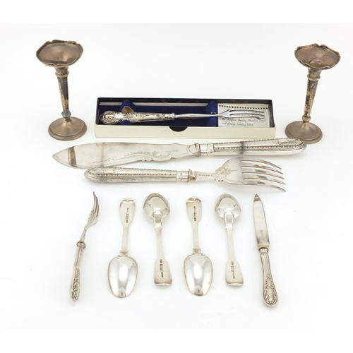 2545 - Silver items including set of four Scottish teaspoons, Edinburgh 1832, pair of bud vases and silver ... 