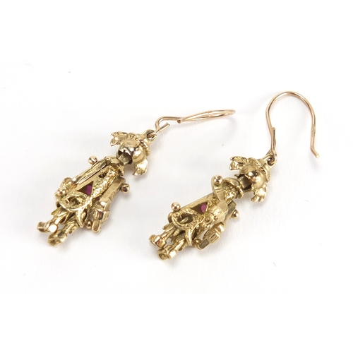 2614 - Pair of 9ct gold articulated clown earrings, set with semi precious stones, 4cm in length, approxima... 