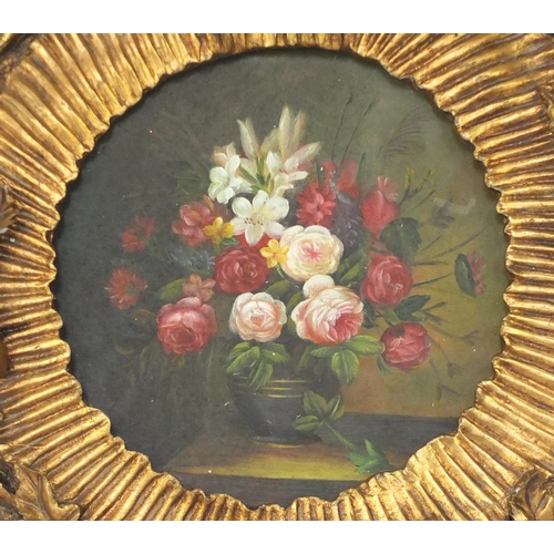 2081 - Pair of gilt wall brackets each having a circular panel hand painted with flowers, each 50cm