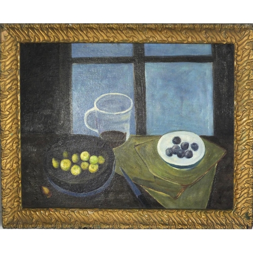 2351 - Still life fruit and vessels, oil on board, bearing a signature W Scott, framed, 44cm x 34cm