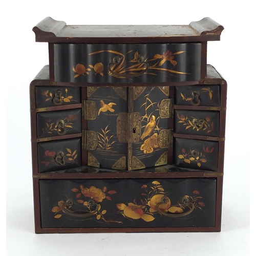 2235 - Japanese black lacquered jewellery chest, hand gilded with birds and flowers, 25cm high