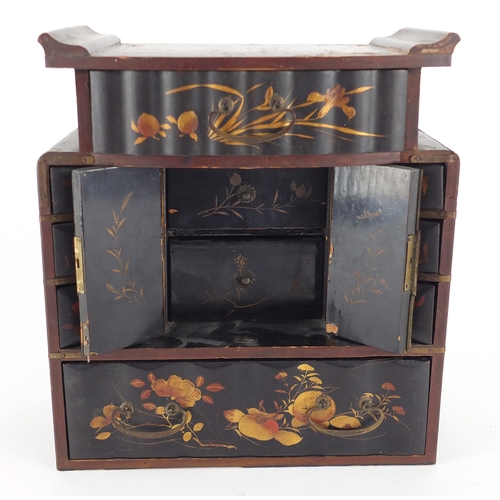 2235 - Japanese black lacquered jewellery chest, hand gilded with birds and flowers, 25cm high