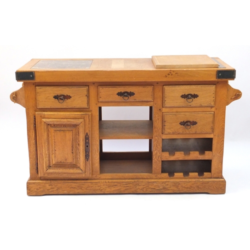 2037 - Furniture Village oak kitchen buffet with inset marble top and an arrangement of drawers, cupboard d... 