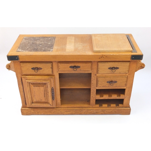 2037 - Furniture Village oak kitchen buffet with inset marble top and an arrangement of drawers, cupboard d... 