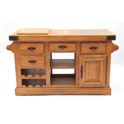 2037 - Furniture Village oak kitchen buffet with inset marble top and an arrangement of drawers, cupboard d... 