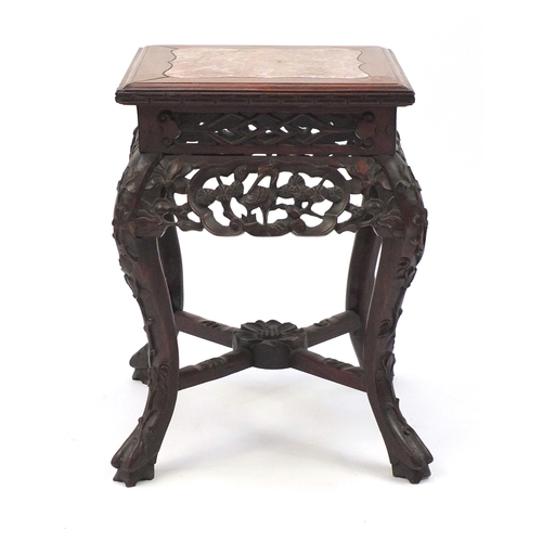 2049 - Chinese rosewood occasional table with inset marble top, carved and pierced with cranes amongst flow... 