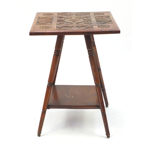 2073 - Square walnut occasional table, carved with flowers with tapering base and under tier, 55cm H x 39.5... 