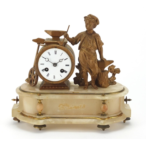 2132a - French figural gilt metal and alabaster mantel clock, with enamelled dial and Roman numerals, 29cm h... 