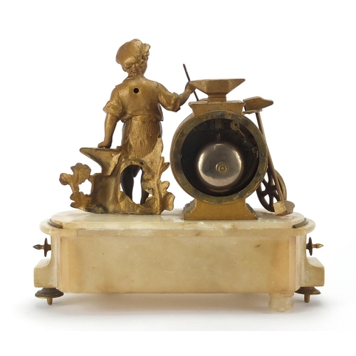 2132a - French figural gilt metal and alabaster mantel clock, with enamelled dial and Roman numerals, 29cm h... 