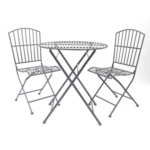 27 - Grey painted metal bistro table and two chairs