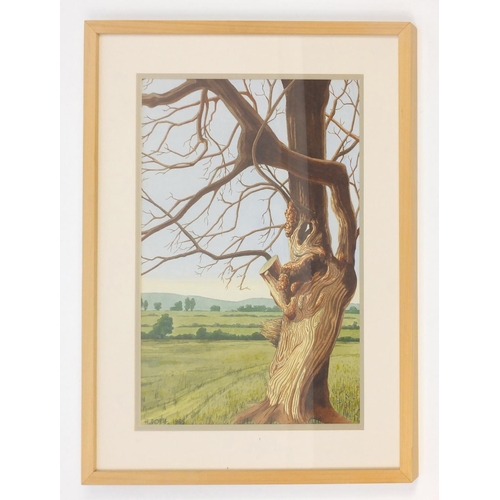 21 - H Dobie 1965 - Tree in Autumn before extensive landscape, mounted and framed, 54cm x 37cm