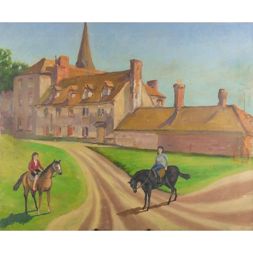 29 - Manner of Vanessa Bell - Figures on horseback before a building, oil on canvas, inscribed verso, unf... 