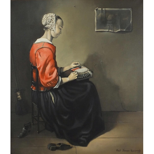 38 - Paul James Kavanagh - Female seated in an interior lace making, oil on canvas, framed, 60cm x 52cm
