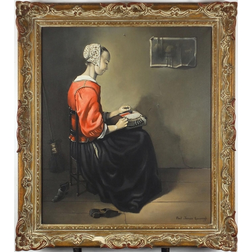 38 - Paul James Kavanagh - Female seated in an interior lace making, oil on canvas, framed, 60cm x 52cm