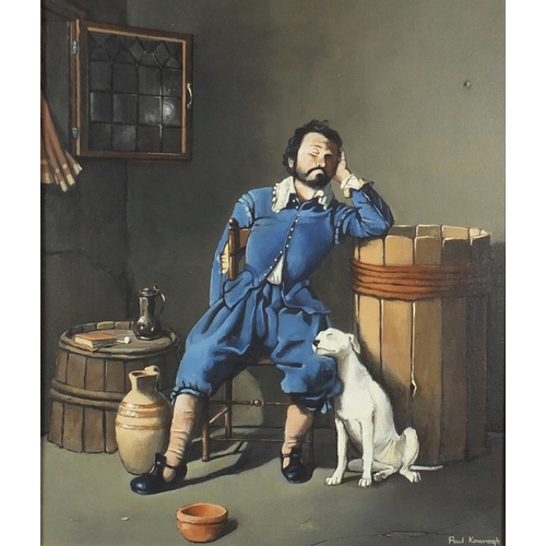 41 - Paul James Kavanagh - Sleeping man seated in an interior with his dog, oil on canvas, framed, 50cm x... 
