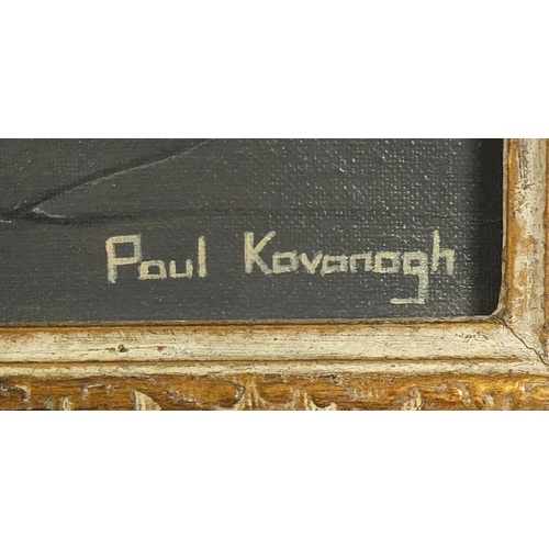 41 - Paul James Kavanagh - Sleeping man seated in an interior with his dog, oil on canvas, framed, 50cm x... 
