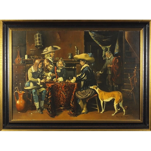 42 - Paul James Kavanagh - Figures in a tavern playing cards, oil on canvas, framed, 79cm x 55cm