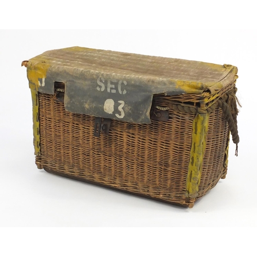 48 - Military interest wicker basket, with canvas cover and rope handles, 50cm H x 80cm W x 40cm D