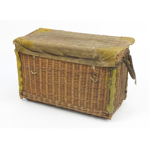 48 - Military interest wicker basket, with canvas cover and rope handles, 50cm H x 80cm W x 40cm D
