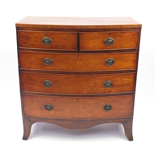 1 - Georgian cross banded mahogany bow fronted five drawer chest, 125cm H x 98cm W x 48cm D