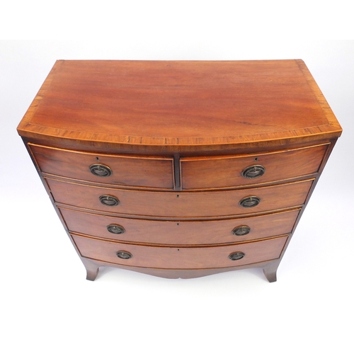 1 - Georgian cross banded mahogany bow fronted five drawer chest, 125cm H x 98cm W x 48cm D