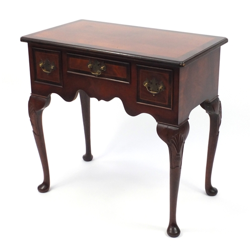 5 - Mahogany and rosewood cross banded lowboy, fitted with three drawers, 71cm H x 73cm W x 42cm D