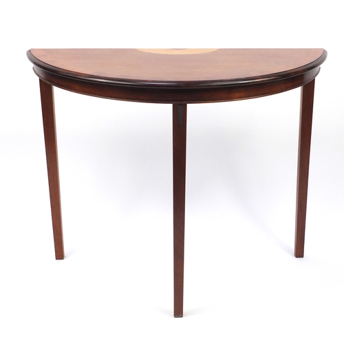 20 - Inlaid mahogany demilune hall table, 78cm H x 100cm W x 43cm D