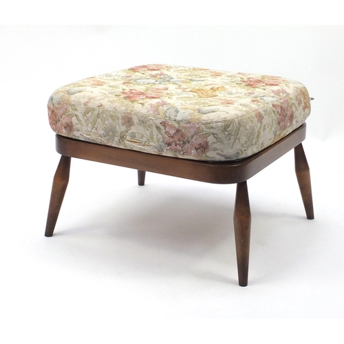 14A - Ercol elm foot stool, with floral upholstery, 39cm H x 53cm W x 53cm D