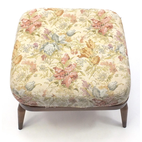 14A - Ercol elm foot stool, with floral upholstery, 39cm H x 53cm W x 53cm D