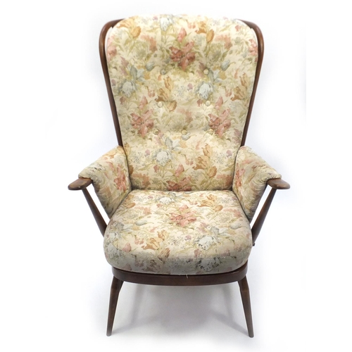 5A - Ercol elm stick back armchair, with floral upholstery, 105cm high (OPTION)