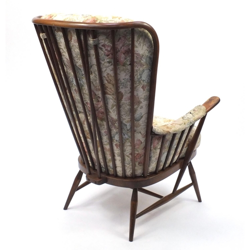 5A - Ercol elm stick back armchair, with floral upholstery, 105cm high (OPTION)