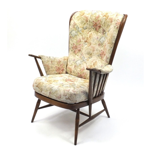 5B - Ercol elm stick back armchair, with floral upholstery, 105cm high (OPTION)
