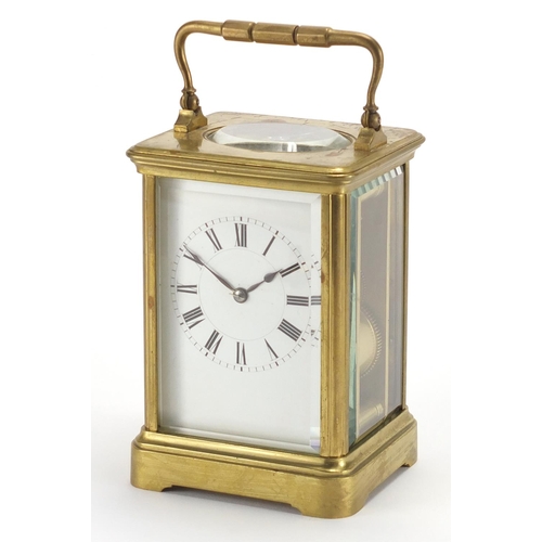 1272 - French brass cased carriage clock by Henri Jacot with enamelled dial and Roman numerals, numbered 13... 