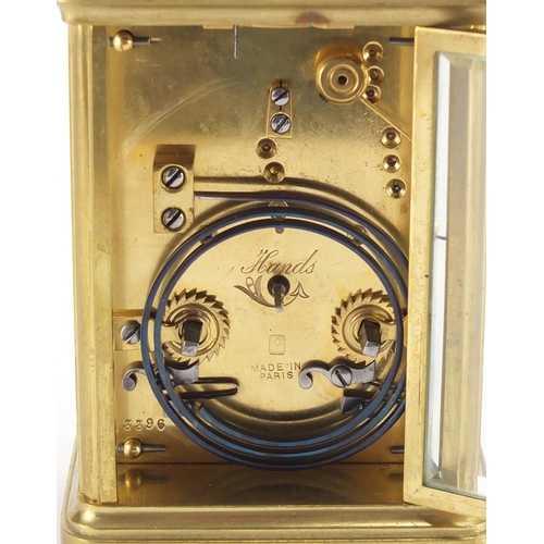 1272 - French brass cased carriage clock by Henri Jacot with enamelled dial and Roman numerals, numbered 13... 