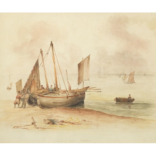 1499 - Fishing boats, Brighton, 19th century watercolour, bearing a monogram C D, mounted and framed, 25cm ... 