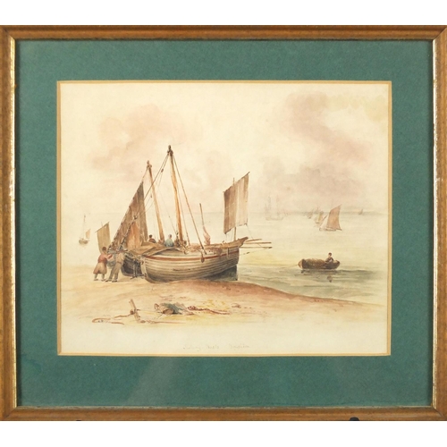 1499 - Fishing boats, Brighton, 19th century watercolour, bearing a monogram C D, mounted and framed, 25cm ... 