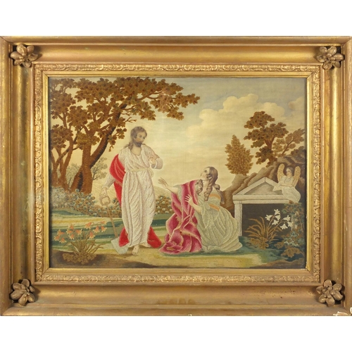 28 - Georgian silk work panel embroidered with two figures beside an angel, mounted and framed, 49cm x 37... 