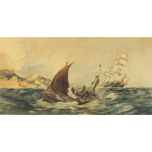 1458 - W Simmons - Fishermen just of the coast, 19th century maritime watercolour, mounted and framed, 67cm... 