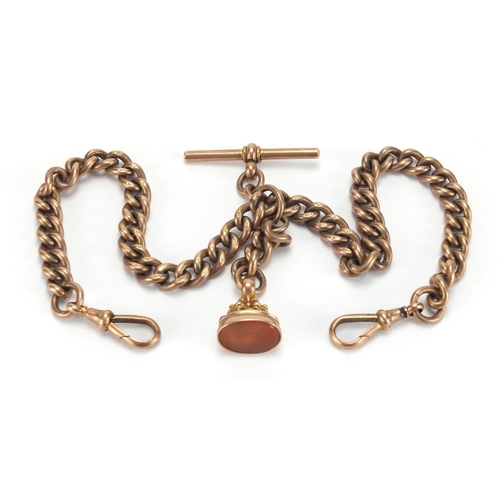 1049 - 9ct rose gold watch chain, with T bar and hardstone fob, 38cm in length, approximate weight 99.0g