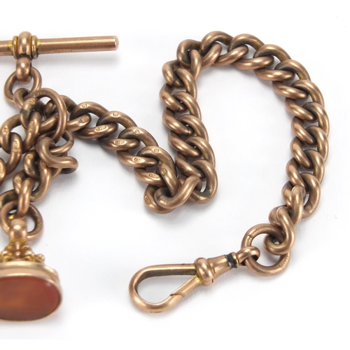 1049 - 9ct rose gold watch chain, with T bar and hardstone fob, 38cm in length, approximate weight 99.0g