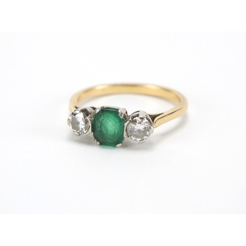 1055 - Art Deco unmarked gold emerald and diamond ring, size O, approximate weight 2.7g