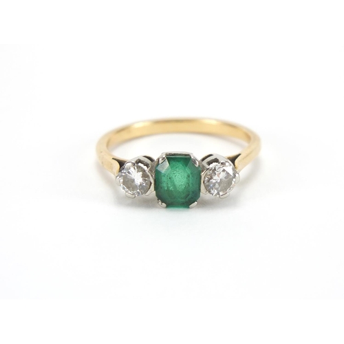 1055 - Art Deco unmarked gold emerald and diamond ring, size O, approximate weight 2.7g