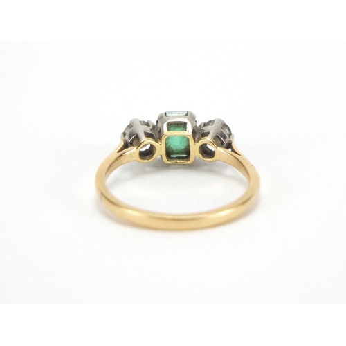 1055 - Art Deco unmarked gold emerald and diamond ring, size O, approximate weight 2.7g